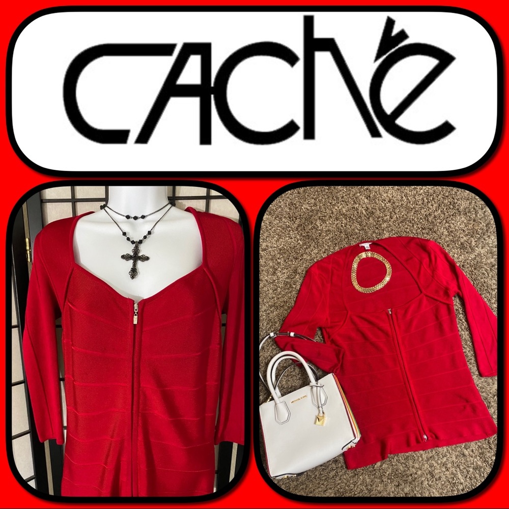 EUC Cach’e Red Sweetheart Neckline ZIP Up Top